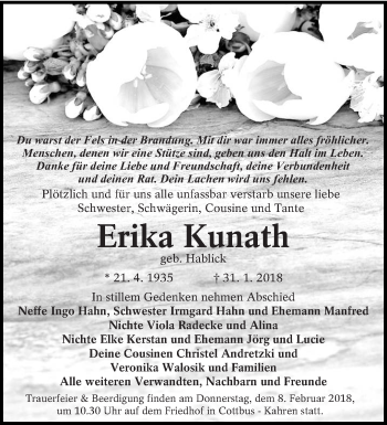 Traueranzeige von Erika Kunath von lausitzer_rundschau