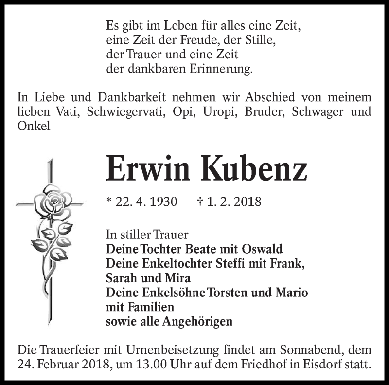  Traueranzeige für Erwin Kubenz vom 10.02.2018 aus lausitzer_rundschau