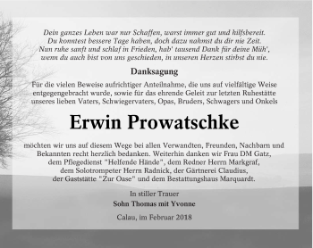 Traueranzeige von Erwin Prowatschke von lausitzer_rundschau