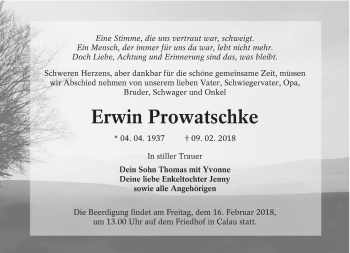 Traueranzeige von Erwin Prowatschke von lausitzer_rundschau
