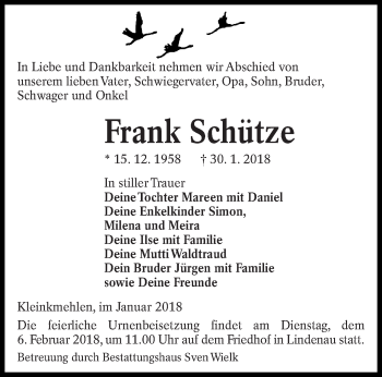 Traueranzeige von Frank Schütze von lausitzer_rundschau
