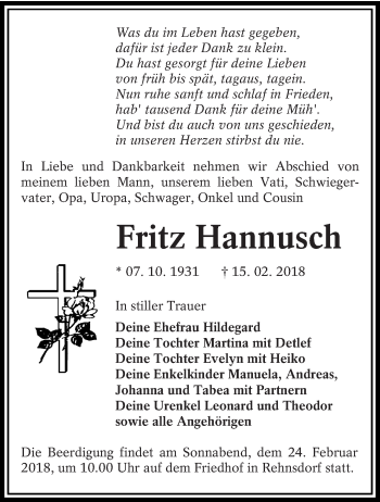 Traueranzeige von Fritz Hannusch von lausitzer_rundschau
