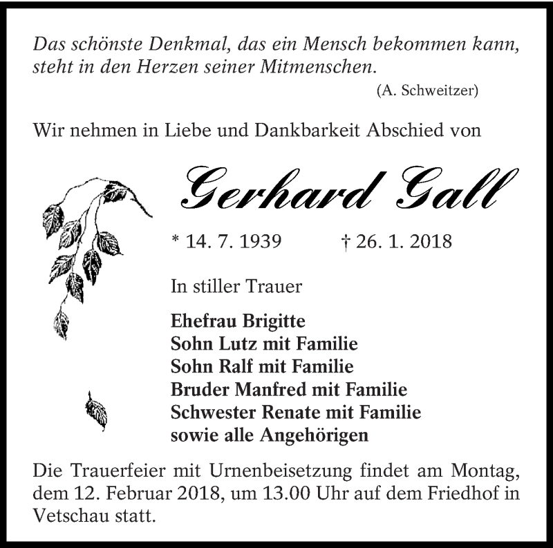  Traueranzeige für Gerhard Gall vom 31.01.2018 aus lausitzer_rundschau