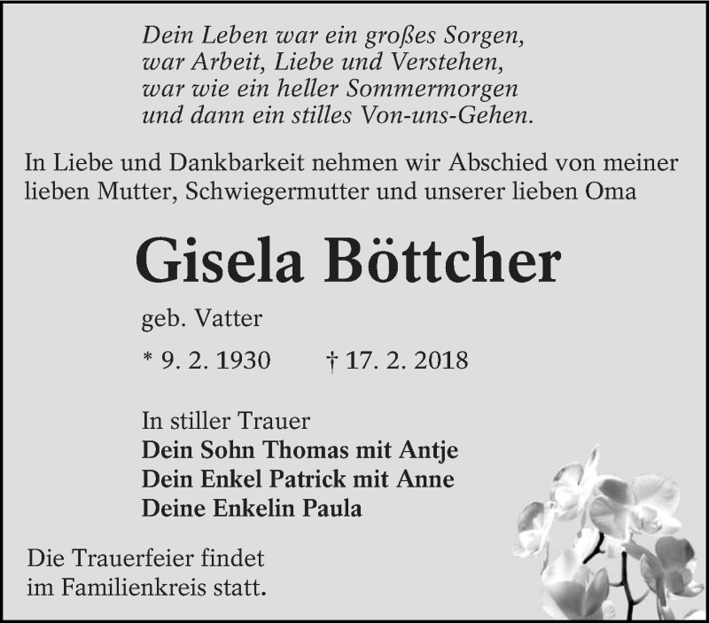  Traueranzeige für Gisela Böttcher vom 24.02.2018 aus lausitzer_rundschau