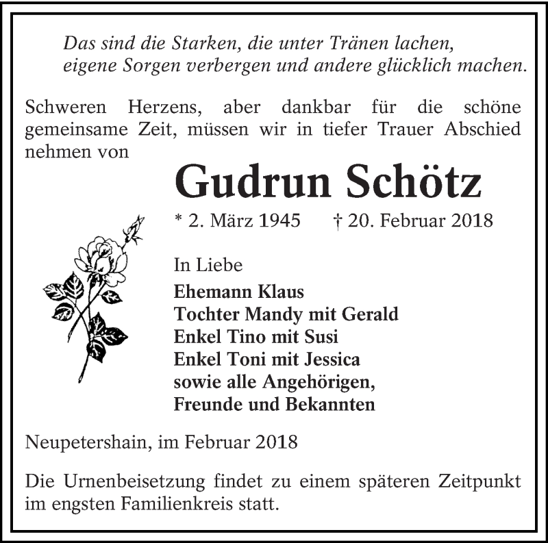  Traueranzeige für Gudrun Schötz vom 24.02.2018 aus lausitzer_rundschau