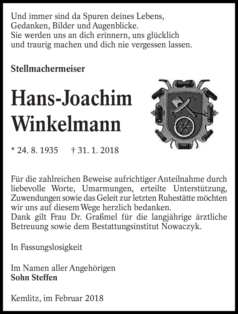  Traueranzeige für Hans-Joachim
 Winkelmann vom 17.02.2018 aus lausitzer_rundschau
