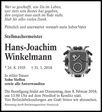 Traueranzeige von Hans-Joachim Winkelmann von lausitzer_rundschau