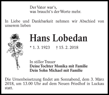 Traueranzeige von Hans Lobedan von lausitzer_rundschau