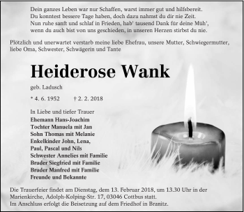 Traueranzeige von Heiderose Wank von lausitzer_rundschau