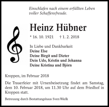 Traueranzeige von Heinz Hübner von lausitzer_rundschau