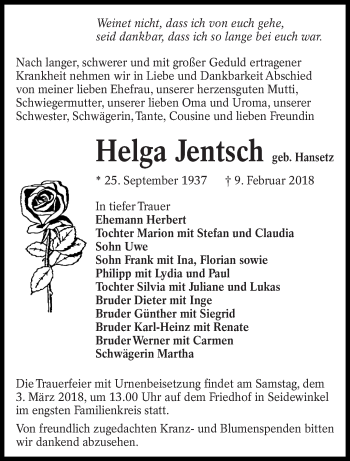 Traueranzeige von Helga Jentsch von lausitzer_rundschau
