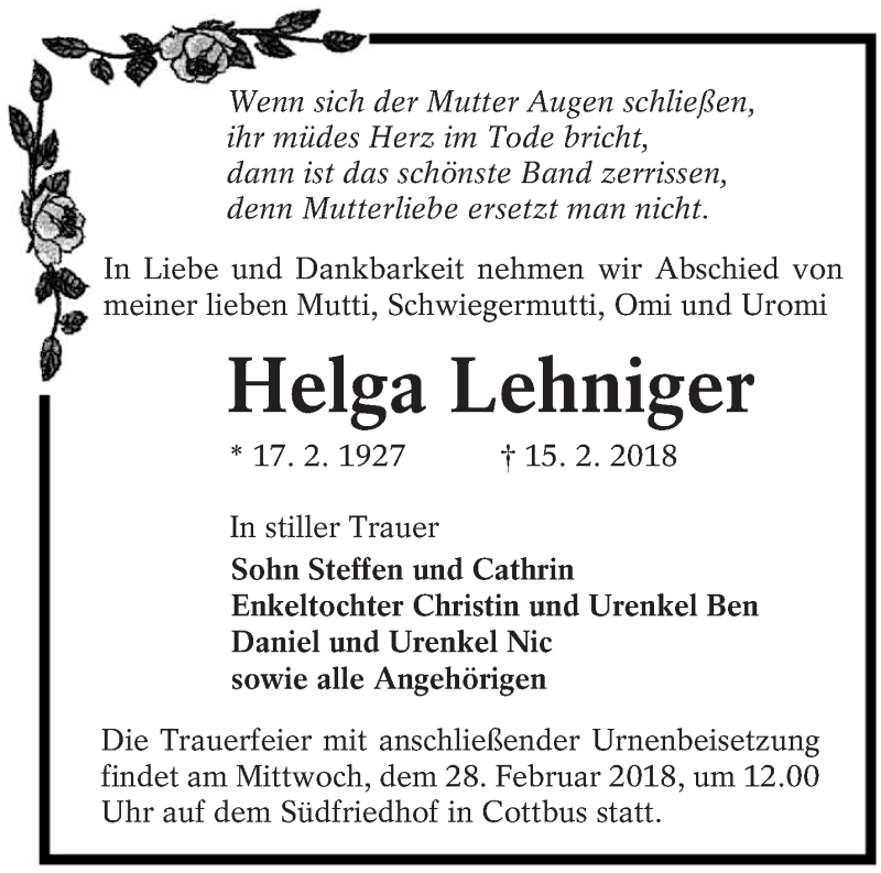  Traueranzeige für Helga Lehniger vom 17.02.2018 aus lausitzer_rundschau