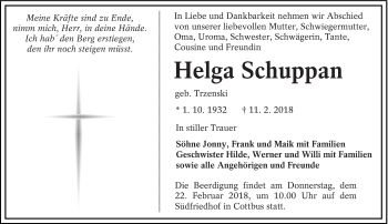 Traueranzeige von Helga Schuppan von lausitzer_rundschau
