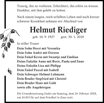 Traueranzeige von Helmut Riediger von lausitzer_rundschau