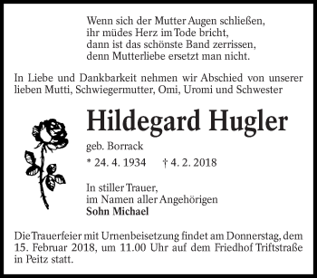 Traueranzeige von Hildegard Hugler von lausitzer_rundschau