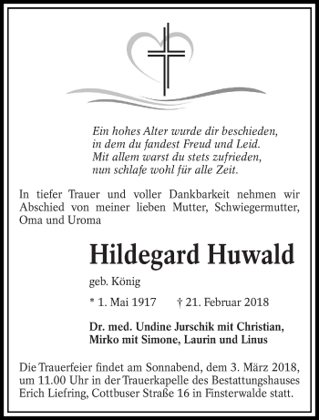 Traueranzeige von Hildegard Huwald von lausitzer_rundschau