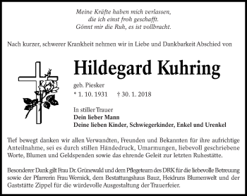Traueranzeige von Hildegard Kuhring von lausitzer_rundschau