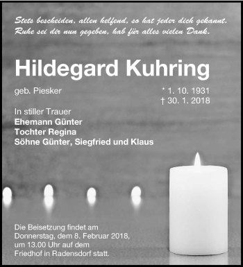 Traueranzeige von Hildegard Kuhring von lausitzer_rundschau