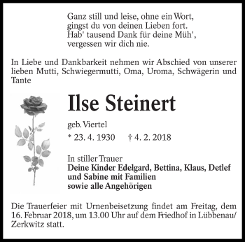 Traueranzeige von Ilse Steinert von lausitzer_rundschau