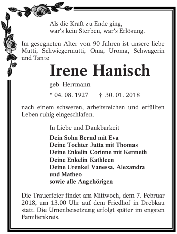 Traueranzeige von Irene Hanisch von lausitzer_rundschau