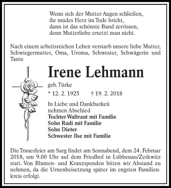 Traueranzeige von Irene Lehmann von lausitzer_rundschau