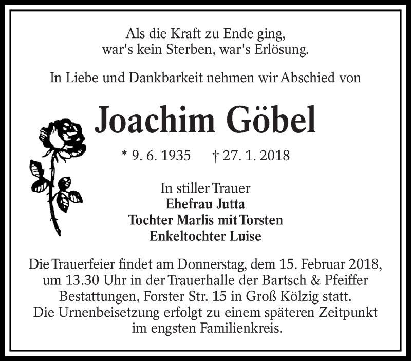  Traueranzeige für Joachim Göbel vom 10.02.2018 aus lausitzer_rundschau