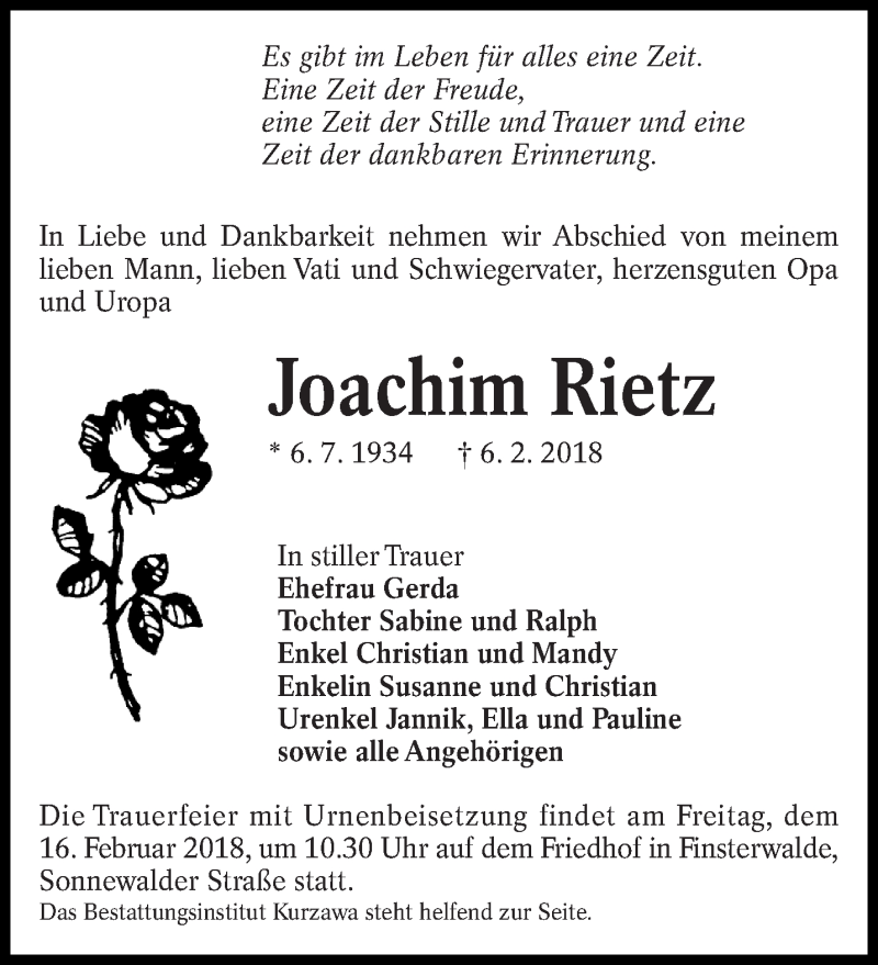  Traueranzeige für Joachim Rietz vom 10.02.2018 aus lausitzer_rundschau