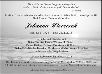 Traueranzeige von Johanna Wieczorek von lausitzer_rundschau