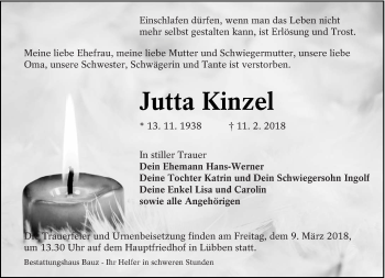 Traueranzeige von Jutta Kinzel von lausitzer_rundschau