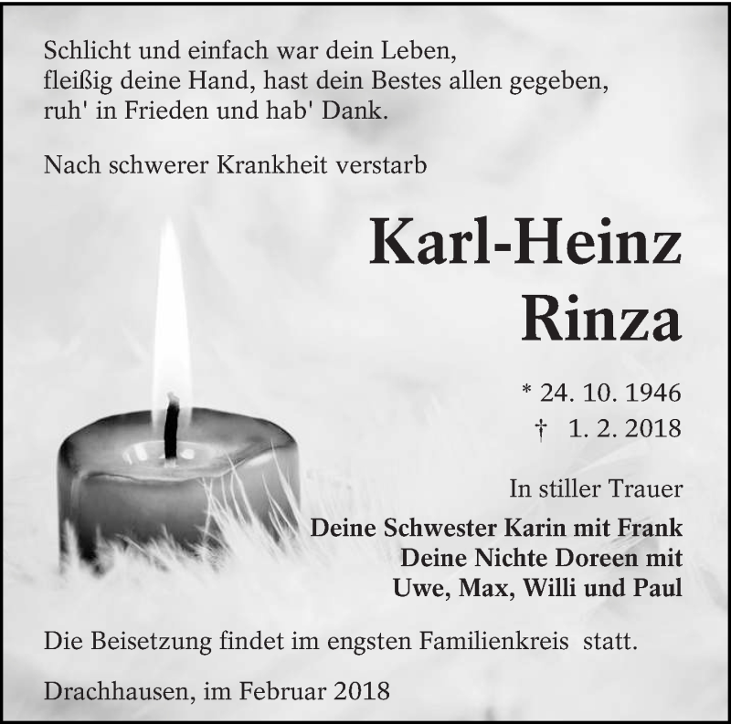  Traueranzeige für Karl-Heinz Rinza vom 07.02.2018 aus lausitzer_rundschau