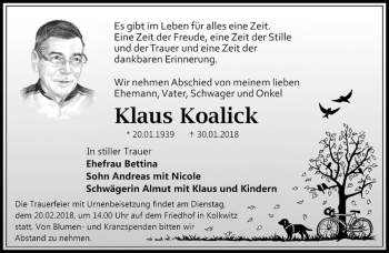 Traueranzeige von Klaus Koalick von lausitzer_rundschau
