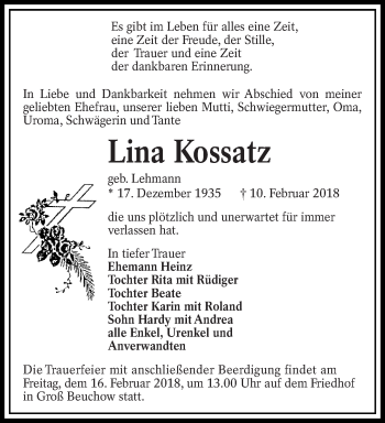 Traueranzeige von Lina Kossatz von lausitzer_rundschau