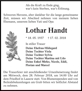 Traueranzeige von Lothar Handt von lausitzer_rundschau
