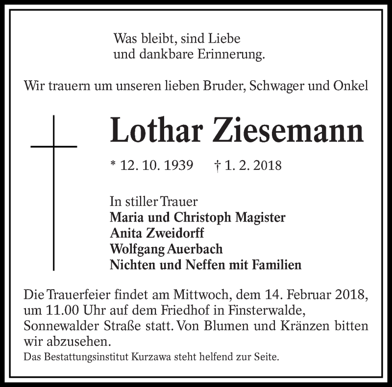 Traueranzeige für Lothar Ziesemann vom 07.02.2018 aus lausitzer_rundschau