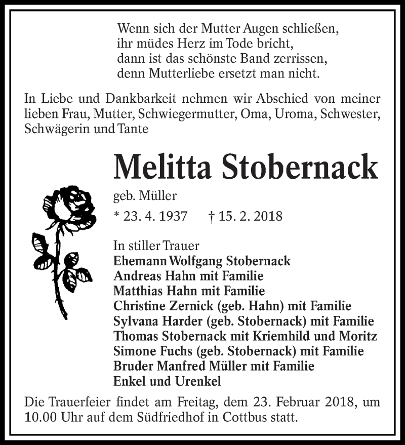  Traueranzeige für Melitta Stobernack vom 21.02.2018 aus lausitzer_rundschau