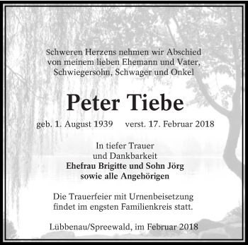 Traueranzeige von Peter Tiebe von lausitzer_rundschau