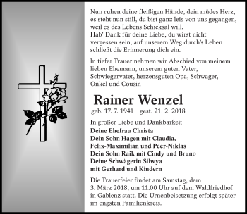 Traueranzeige von Rainer Wenzel von lausitzer_rundschau