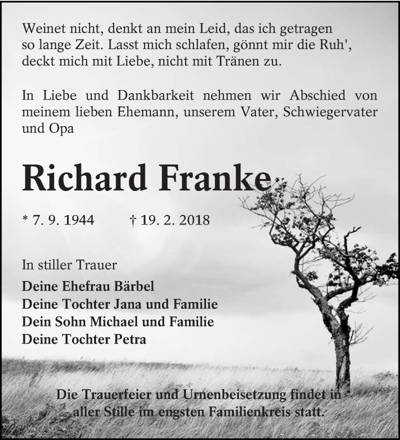  Traueranzeige für Richard Franke vom 24.02.2018 aus lausitzer_rundschau