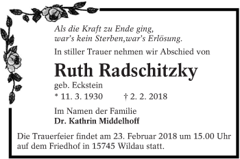 Traueranzeige von Ruth Radschitzky von lausitzer_rundschau