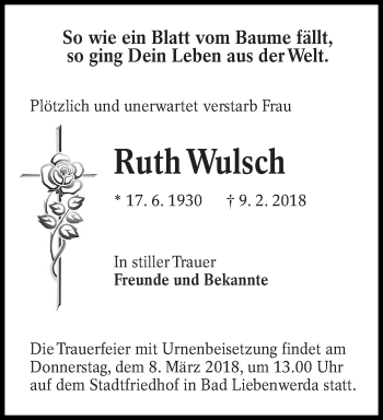 Traueranzeige von Ruth Wulsch von lausitzer_rundschau