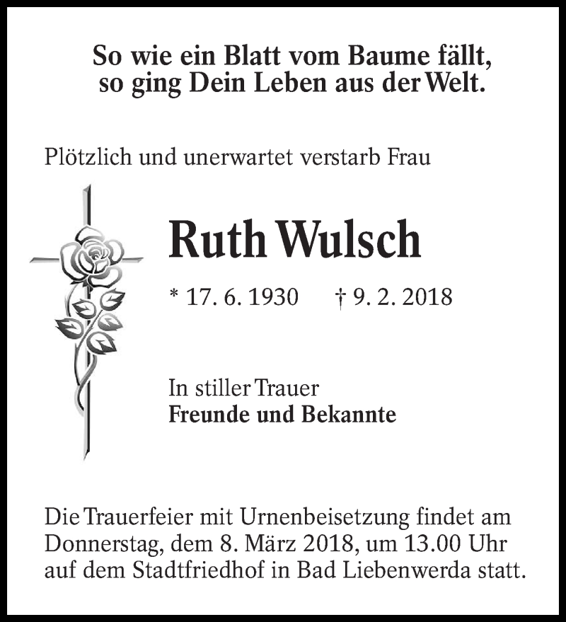  Traueranzeige für Ruth Wulsch vom 21.02.2018 aus lausitzer_rundschau