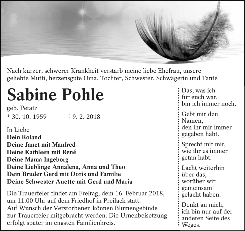  Traueranzeige für Sabine Pohle vom 13.02.2018 aus lausitzer_rundschau