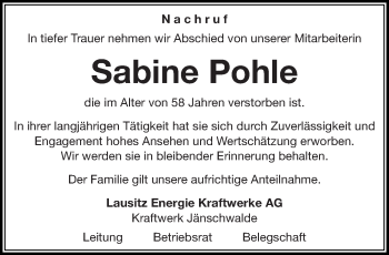 Traueranzeige von Sabine Pohle von lausitzer_rundschau
