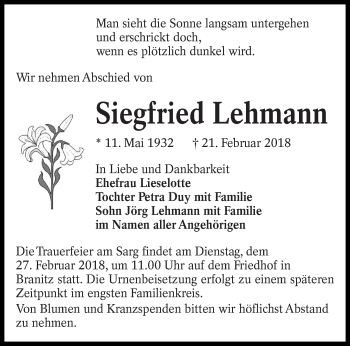Traueranzeige von Siegfried Lehmann von lausitzer_rundschau