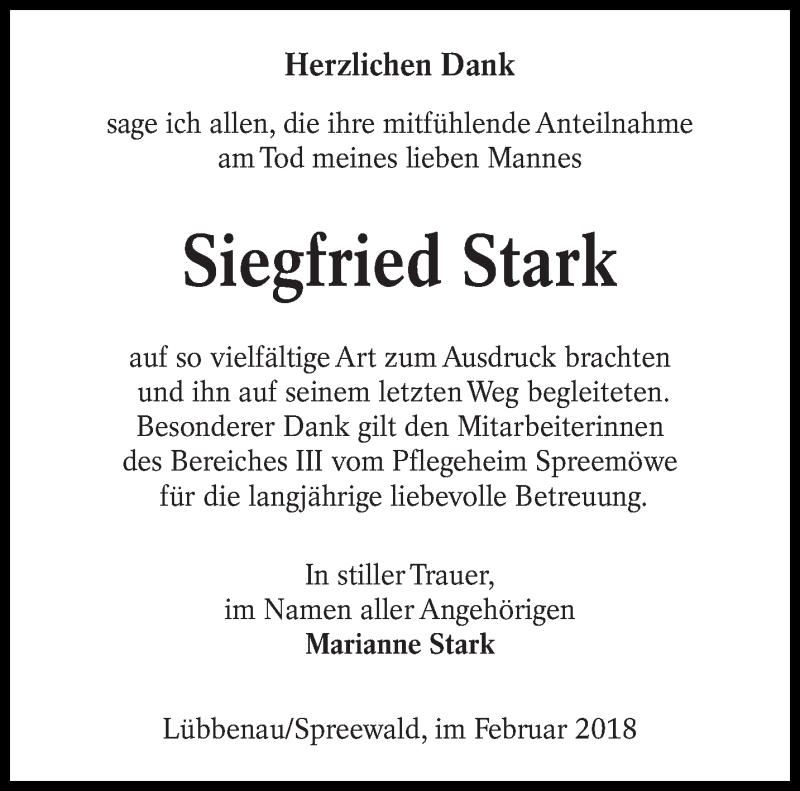  Traueranzeige für Siegfried Stark vom 24.02.2018 aus lausitzer_rundschau