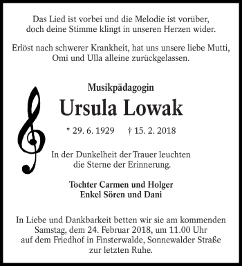 Traueranzeige von Ursula Lowak von lausitzer_rundschau