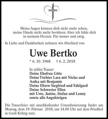 Traueranzeige von Uwe Bertko von lausitzer_rundschau