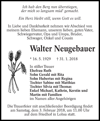 Traueranzeige von Walter Neugebauer von lausitzer_rundschau
