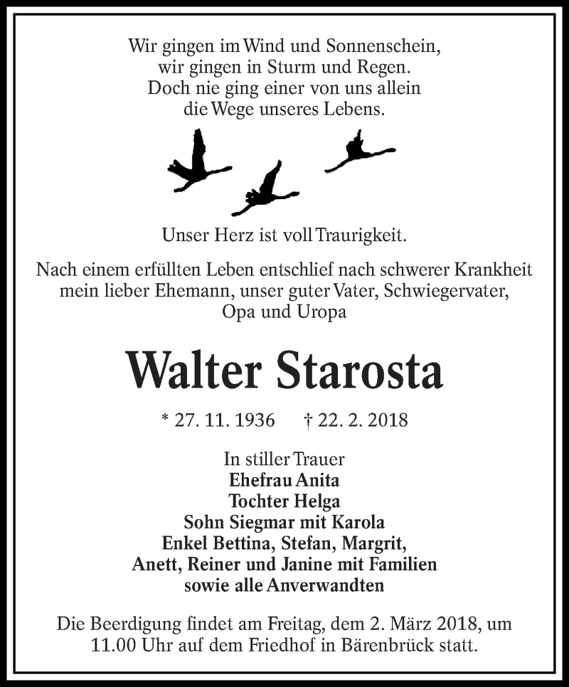  Traueranzeige für Walter Starosta vom 27.02.2018 aus lausitzer_rundschau