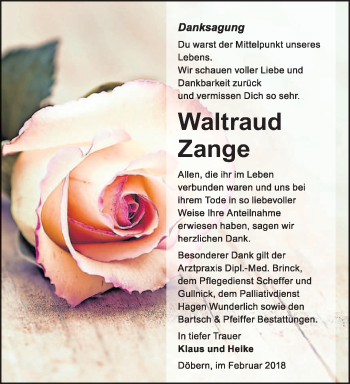 Traueranzeige von Waltraud Zange von lausitzer_rundschau